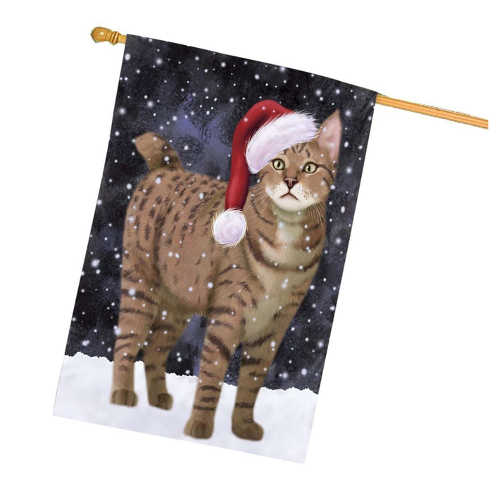 Let it Snow Christmas Holidays Pixie-bob Cat Wearing Santa Hat House Flag HFLG047