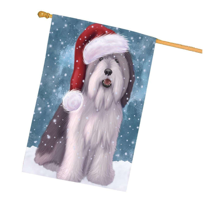Let it Snow Christmas Holidays Polish Lowland Sheepdog Wearing Santa Hat House Flag HFLG048
