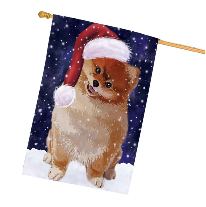 Let it Snow Christmas Holidays Pomeranian Dog Wearing Santa Hat House Flag HFLG049