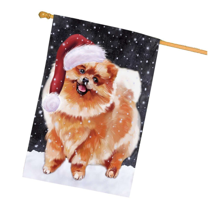 Let it Snow Christmas Holidays Pomeranian Dog Wearing Santa Hat House Flag HFLG050