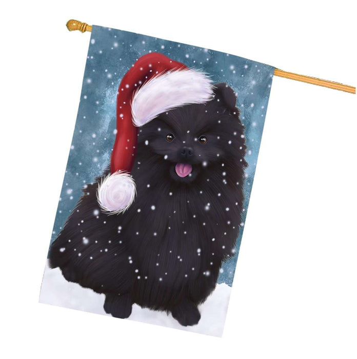 Let it Snow Christmas Holidays Pomeranian Dog Wearing Santa Hat House Flag HFLG051