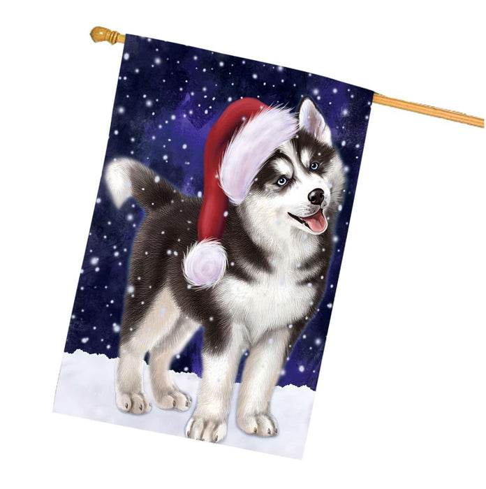 Let it Snow Christmas Holidays Siberian Husky Dog Wearing Santa Hat House Flag HFLG055