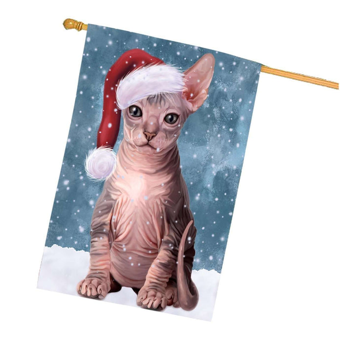 Let it Snow Christmas Holidays Sphynx Cat Wearing Santa Hat House Flag HFLG059