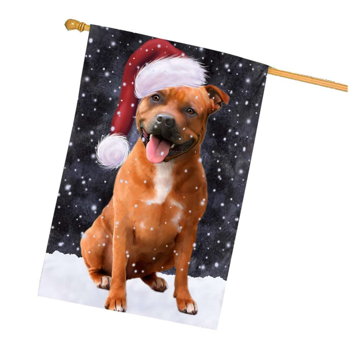 Let it Snow Christmas Holidays Staffordshire Bull Terrier Dog Wearing Santa Hat House Flag HFLG060