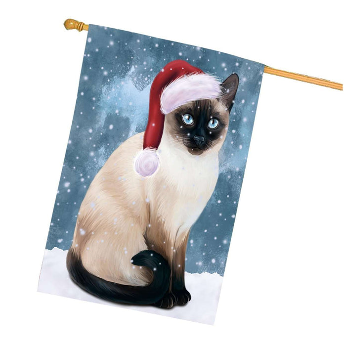 Let it Snow Christmas Holidays Thai Siamese Cat Wearing Santa Hat House Flag HFLG066