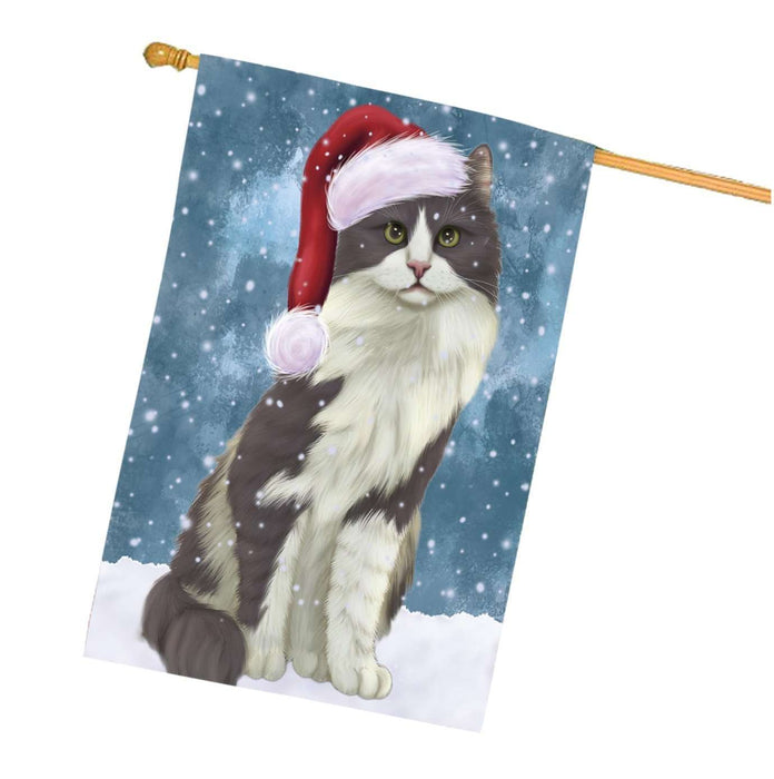 Let it Snow Christmas Holidays Turkish Angora Cat Wearing Santa Hat House Flag HFLG073