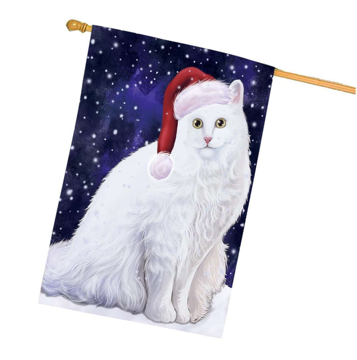 Let it Snow Christmas Holidays Turkish Angora Cat Wearing Santa Hat House Flag HFLG074