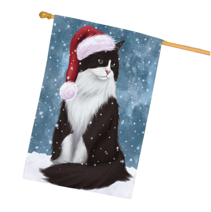Let it Snow Christmas Holidays Tuxedo Cat Wearing Santa Hat House Flag HFLG075