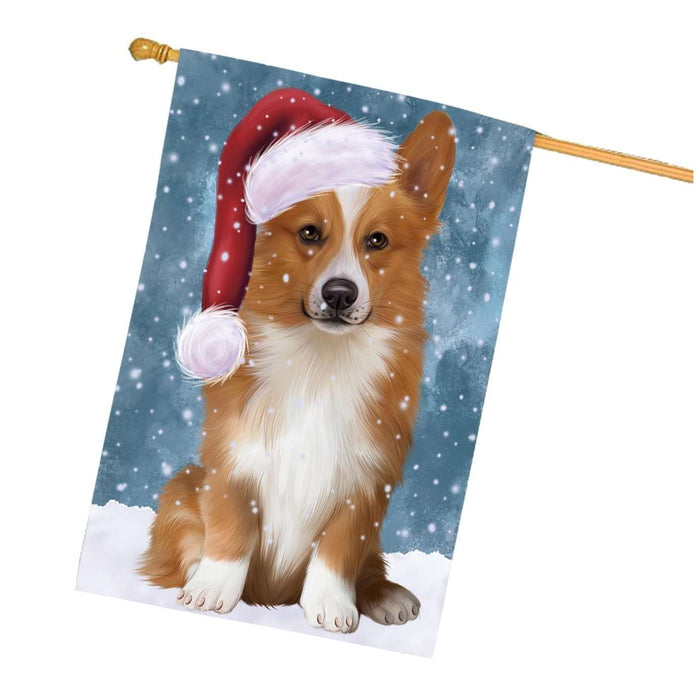 Let it Snow Christmas Holidays Welsh Corgi Dog Wearing Santa Hat House Flag HFLG079