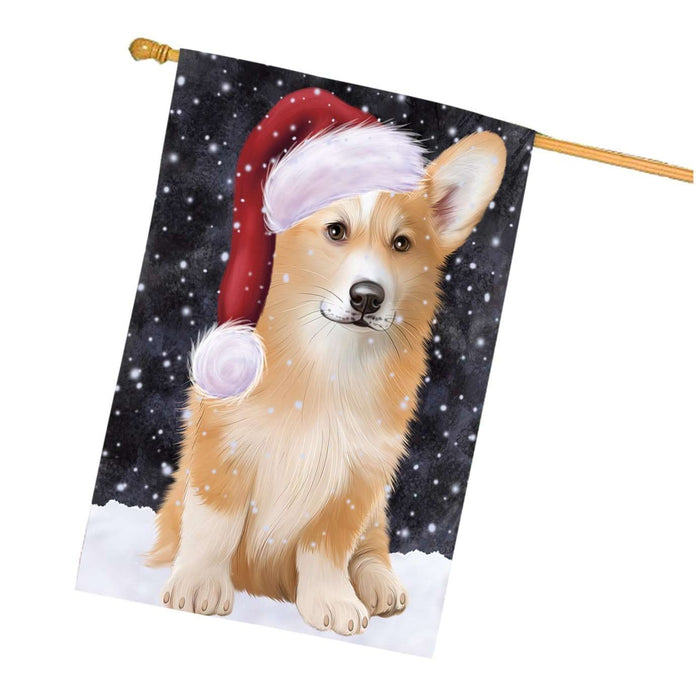 Let it Snow Christmas Holidays Welsh Corgi Dog Wearing Santa Hat House Flag HFLG080