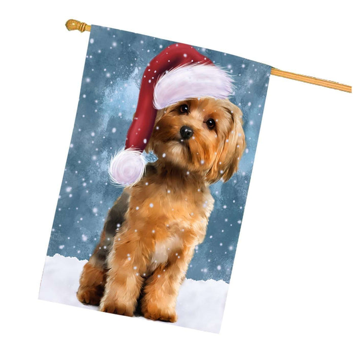 Let it Snow Christmas Holidays Yorkshire Terrier Dog Wearing Santa Hat House Flag HFLG086