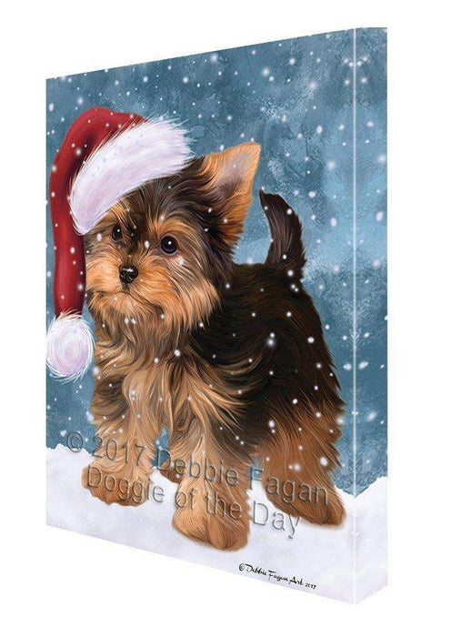 Let it Snow Christmas Yorkshire Terrier Dog Donning Santa Hat Canvas Wall Art