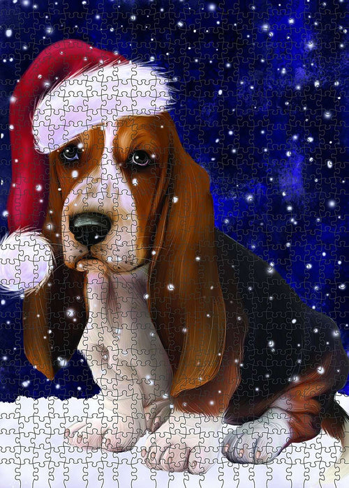 Let It Snow Happy Holidays Basset Hound Dog Christmas Puzzle with Photo Tin PUZL378