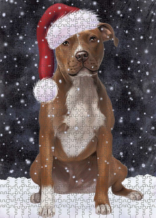 Let It Snow Happy Holidays Pit Bull Dog Christmas Puzzle with Photo Tin PUZL627