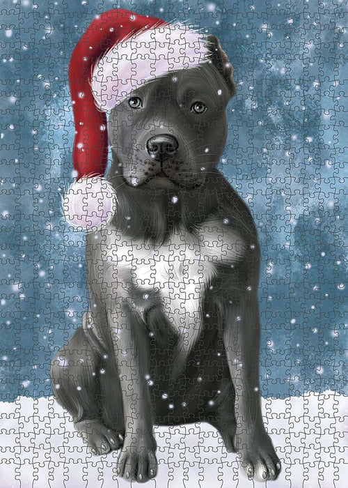 Let It Snow Happy Holidays Pit Bull Dog Christmas Puzzle with Photo Tin PUZL630