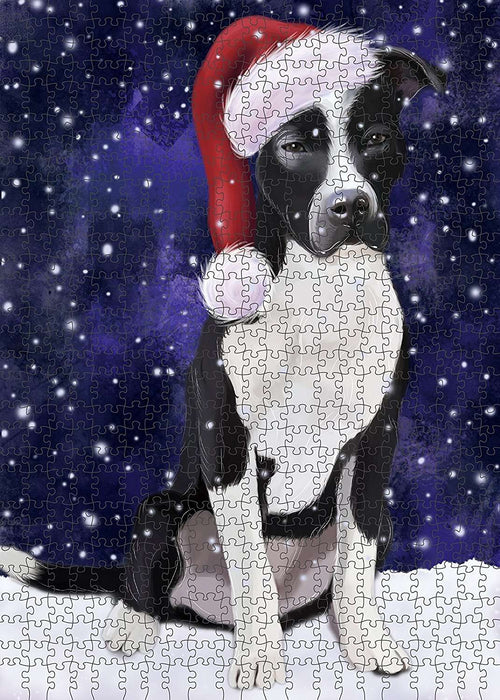 Let It Snow Happy Holidays Pit Bull Dog Christmas Puzzle with Photo Tin PUZL633