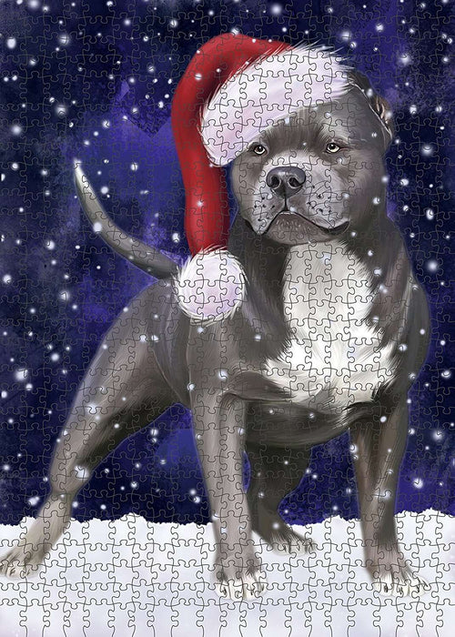 Let It Snow Happy Holidays Pit Bull Dog Christmas Puzzle with Photo Tin PUZL636