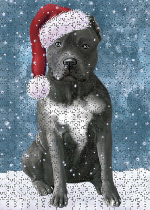 Let It Snow Happy Holidays Pit Bull Dog Christmas Puzzle with Photo Tin PUZL2154