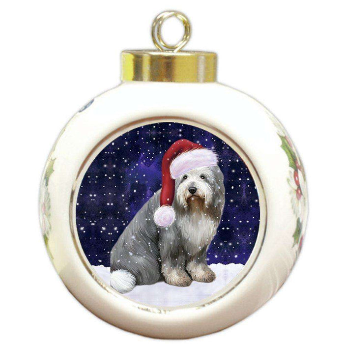 Let It Snow Old English Sheepdog Christmas Round Ball Ornament POR935