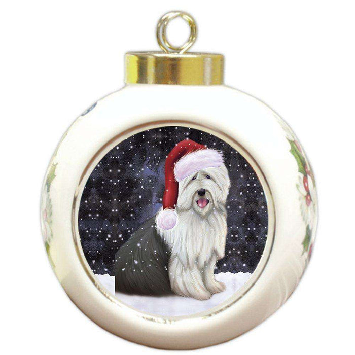 Let It Snow Old English Sheepdog Christmas Round Ball Ornament POR936