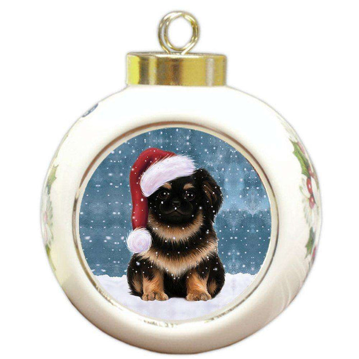 Let It Snow Pekingese Dog Christmas Round Ball Ornament POR937