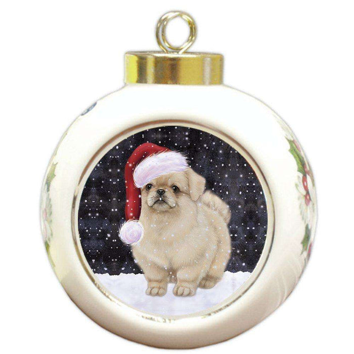 Let It Snow Pekingese Dog Christmas Round Ball Ornament POR938