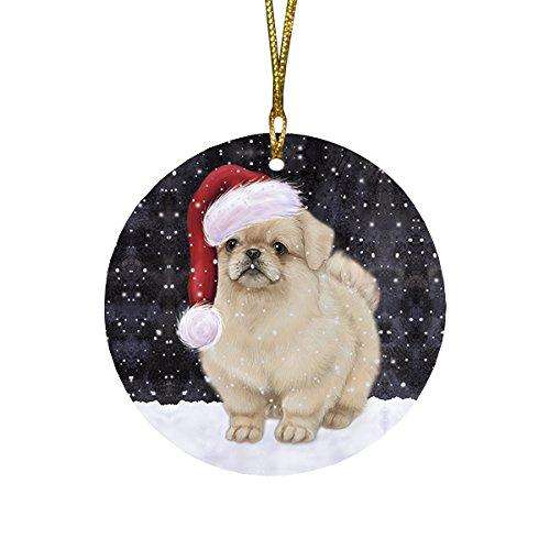 Let It Snow Pekingese Dog Christmas Round Flat Ornament POR1502
