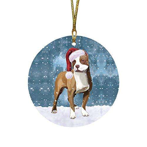 Let It Snow Pit Bull Dog Christmas Round Flat Ornament POR1508