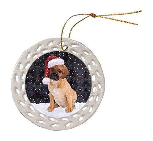 Let It Snow Puggle Dog Christmas Round Doily Ornament POR348