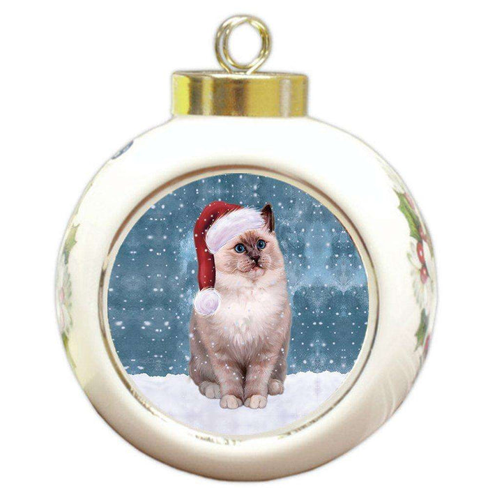 Let It Snow Ragdoll Cat Christmas Round Ball Ornament POR951