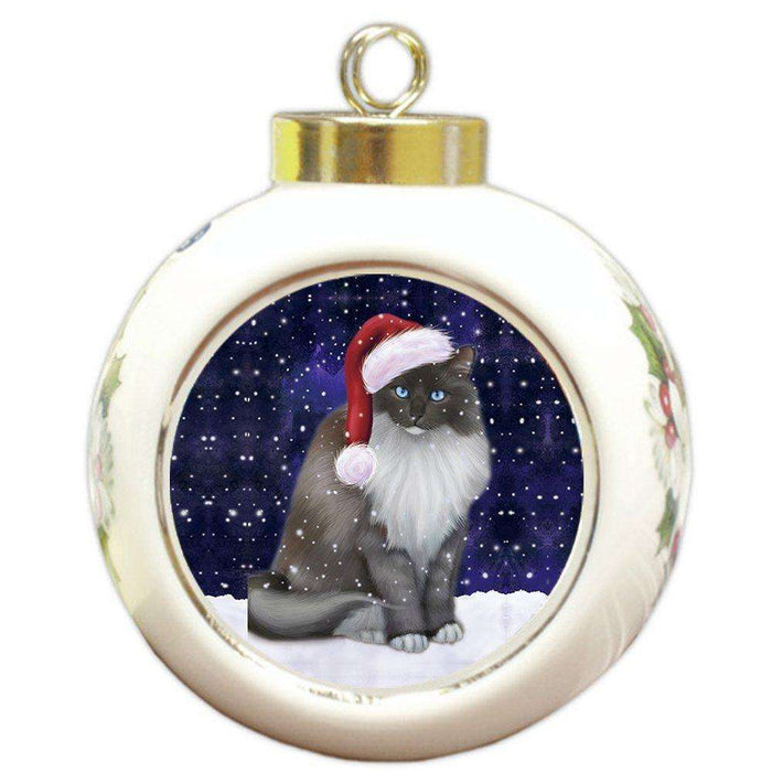 Let It Snow Ragdoll Cat Christmas Round Ball Ornament POR952