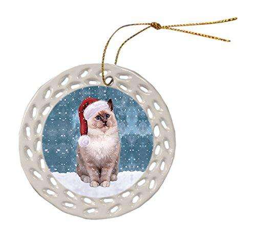 Let It Snow Ragdoll Cat Christmas Round Doily Ornament POR349