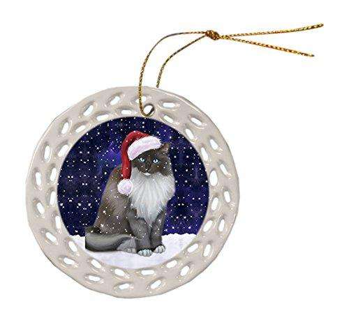 Let It Snow Ragdoll Cat Christmas Round Doily Ornament POR350