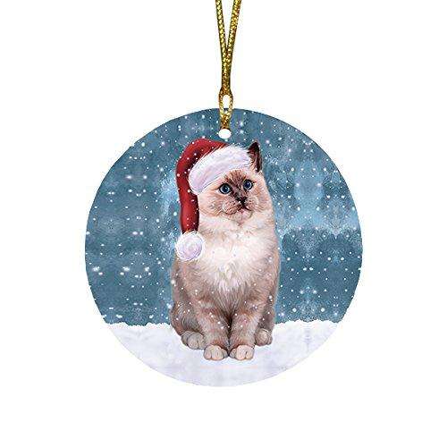 Let It Snow Ragdoll Cat Christmas Round Flat Ornament POR1515