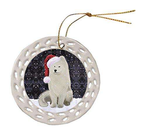 Let It Snow Samoyed Dog Christmas Round Doily Ornament POR357