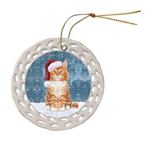 Let It Snow Tabby Cat Christmas Round Doily Ornament POR359