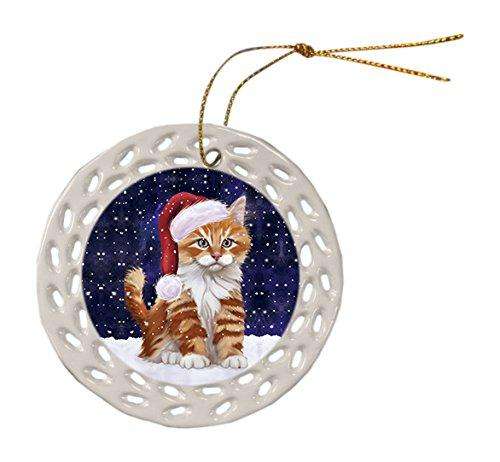 Let It Snow Tabby Cat Christmas Round Doily Ornament POR360