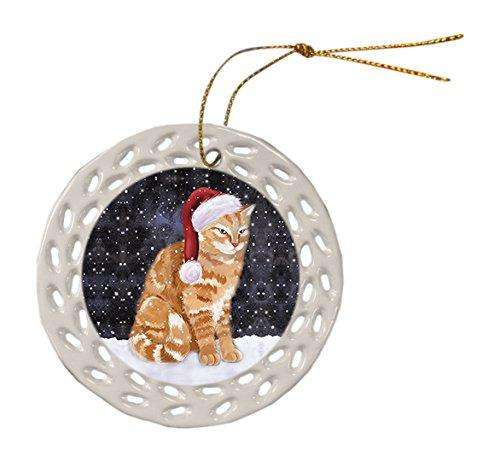 Let It Snow Tabby Cat Christmas Round Doily Ornament POR361