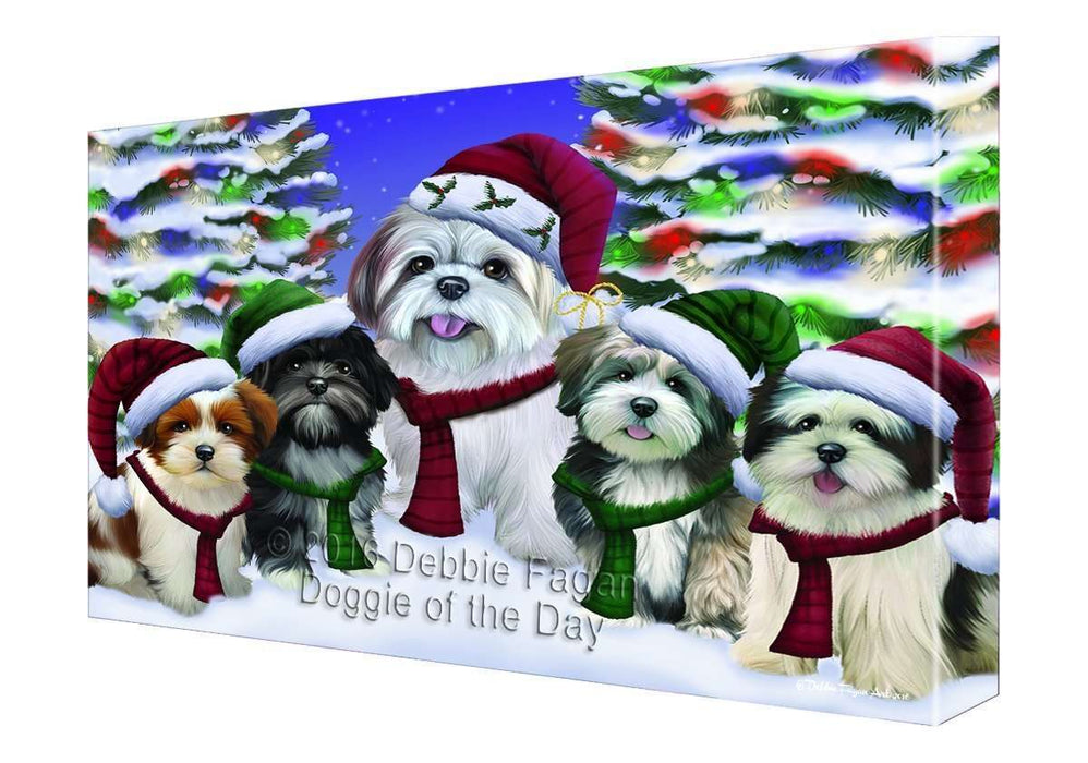 Lhasa Apso Dog Christmas Family Portrait in Holiday Scenic Background Canvas Wall Art