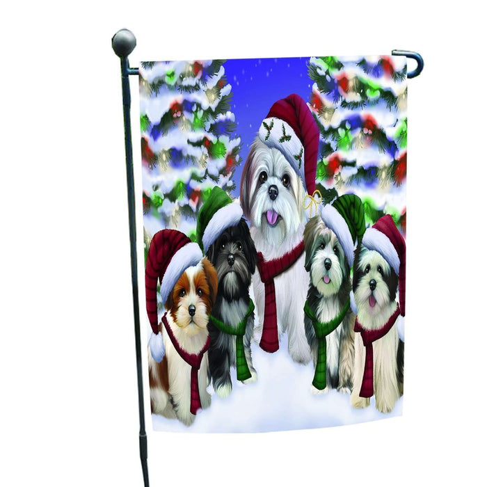 Lhasa Apso Dog Christmas Family Portrait in Holiday Scenic Background Garden Flag