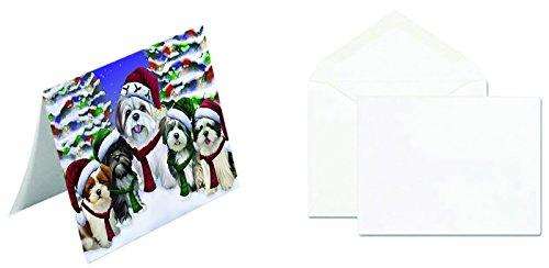 Lhasa Apso Dog Christmas Family Portrait in Holiday Scenic Background Handmade Artwork Assorted Pets Greeting Cards and Note Cards with Envelopes for All Occasions and Holiday Seasons