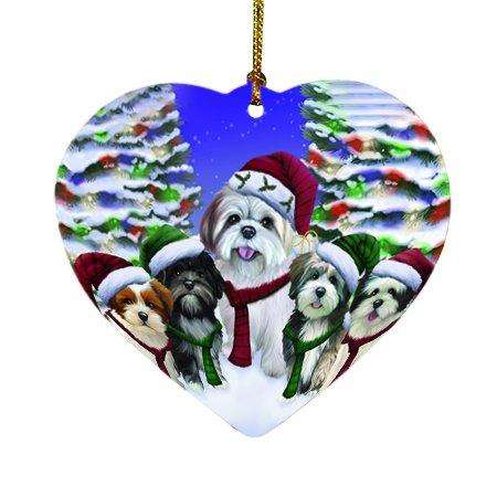 Lhasa Apso Dog Christmas Family Portrait in Holiday Scenic Background Heart Ornament D164