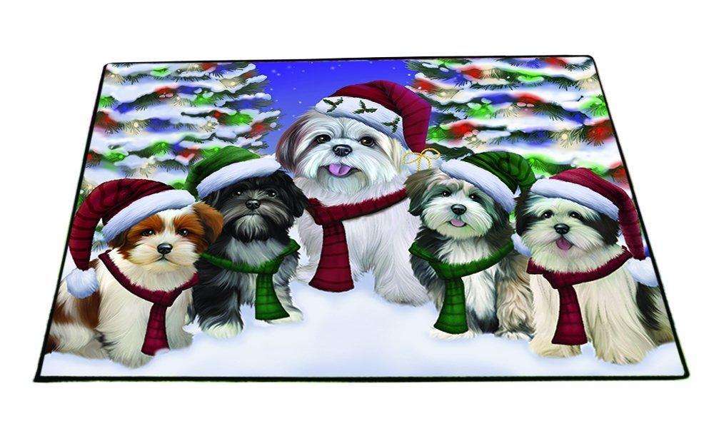Lhasa Apso Dog Christmas Family Portrait in Holiday Scenic Background Indoor/Outdoor Floormat