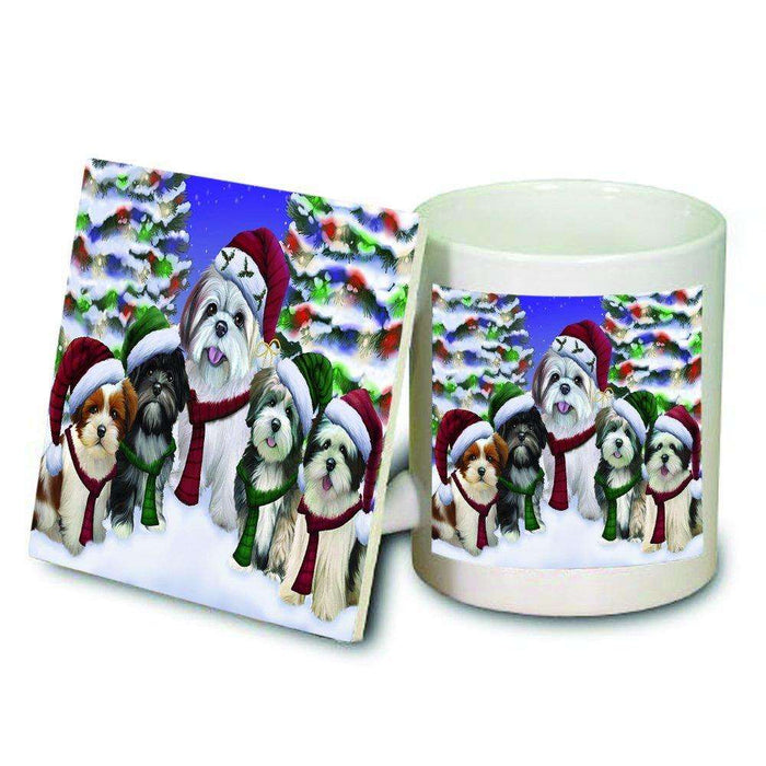 Lhasa Apso Dog Christmas Family Portrait in Holiday Scenic Background Mug and Coaster Set