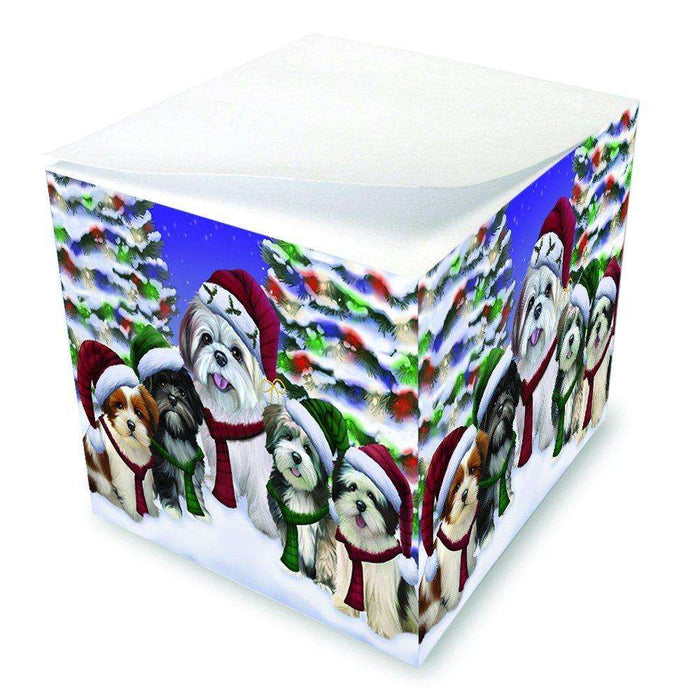 Lhasa Apso Dog Christmas Family Portrait in Holiday Scenic Background Note Cube D180
