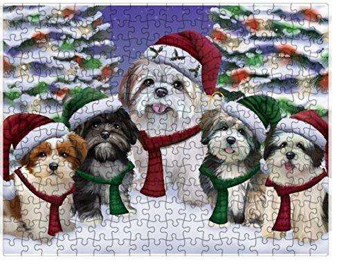 Lhasa Apso Dog Christmas Family Portrait in Holiday Scenic Background Puzzle with Photo Tin D143