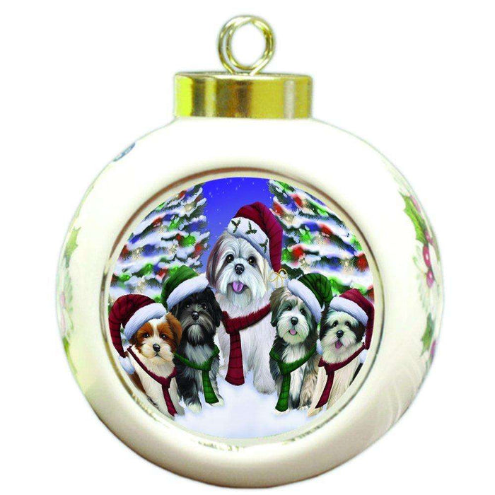 Lhasa Apso Dog Christmas Family Portrait in Holiday Scenic Background Round Ball Ornament D164