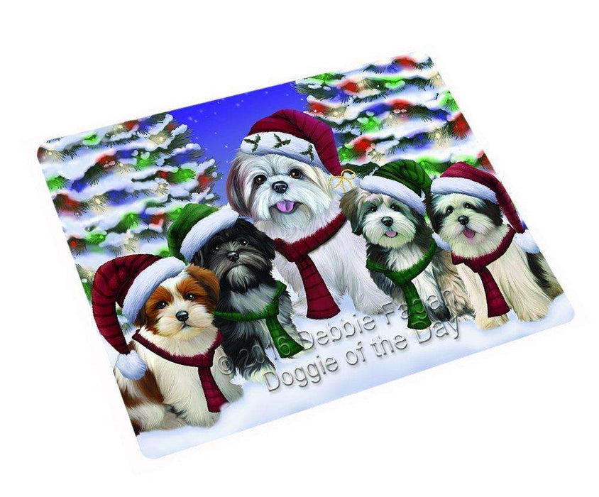 Lhasa Apso Dog Christmas Family Portrait in Holiday Scenic Background Tempered Cutting Board
