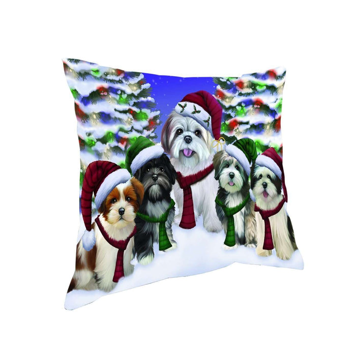 Lhasa Apso Dog Christmas Family Portrait in Holiday Scenic Background Throw Pillow