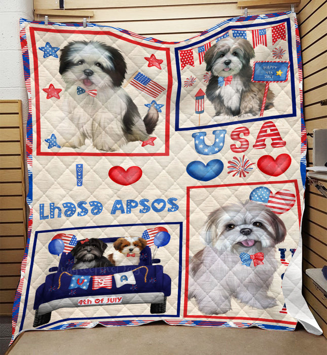 4th of July Independence Day I Love USA Lhasa Apso Dogs Quilt Bed Coverlet Bedspread - Pets Comforter Unique One-side Animal Printing - Soft Lightweight Durable Washable Polyester Quilt
